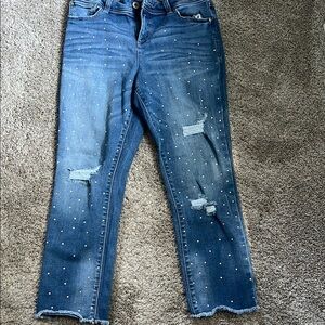 Women's Blue Distressed Jeans with Studded Details